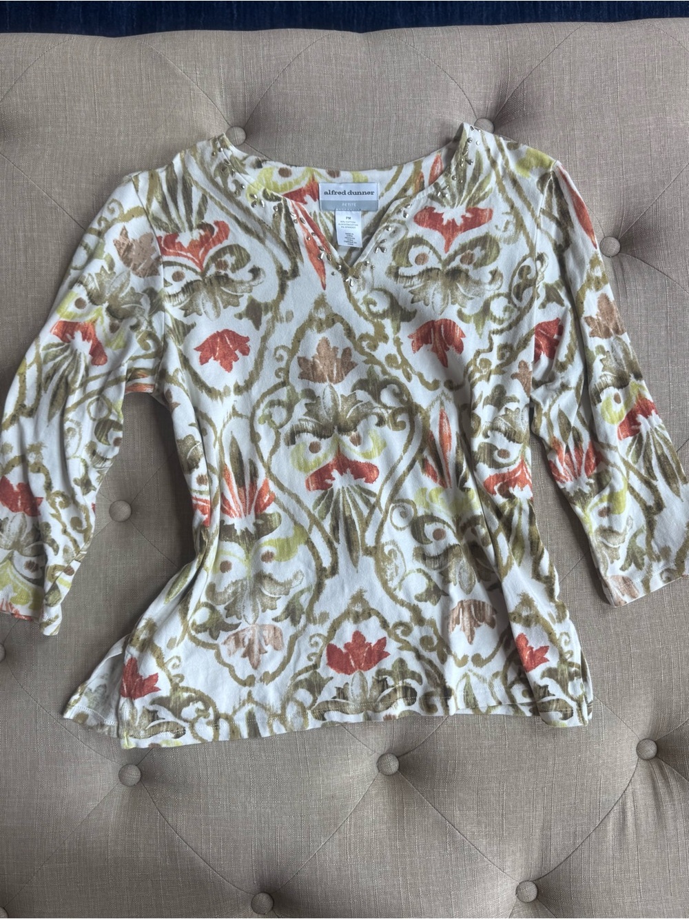 Alfred Dunner Cream Long Sleeve Floral Scroll Top with Rust and Olive Accents